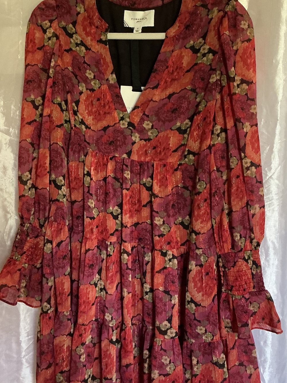 Pomander Place Floral V-Neck Long Sleeve Dress in Red and Purple